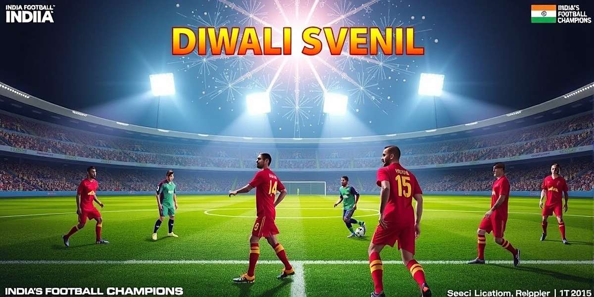 Diwali special event in India's Football Champions with stadium decorated with lights and players in festive kits